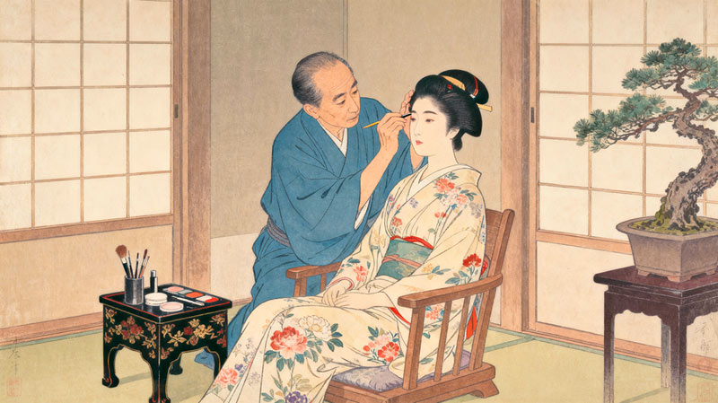Японская гейша и мастер пигментации бровей в древности